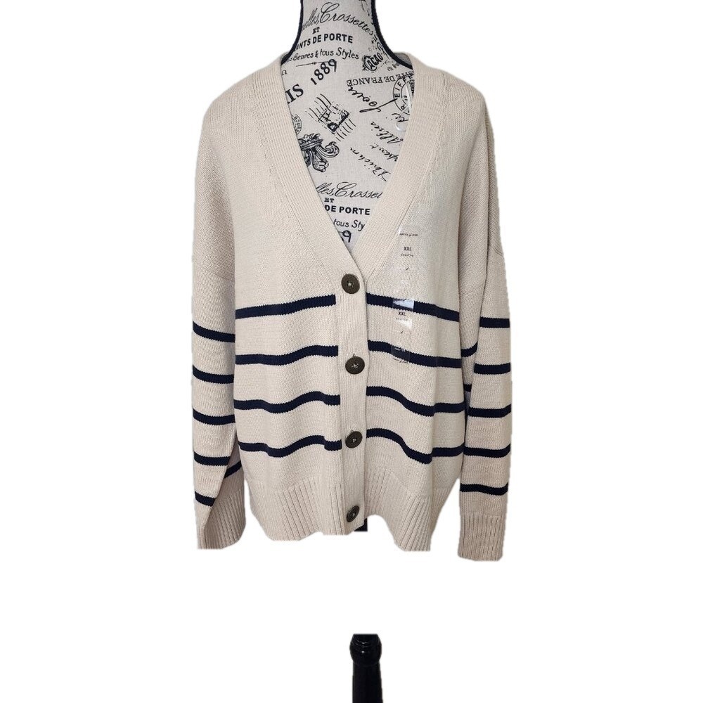 Nautica Lake Crew Striped Cardigan Women's XXL Beige Navy NWT Preppy